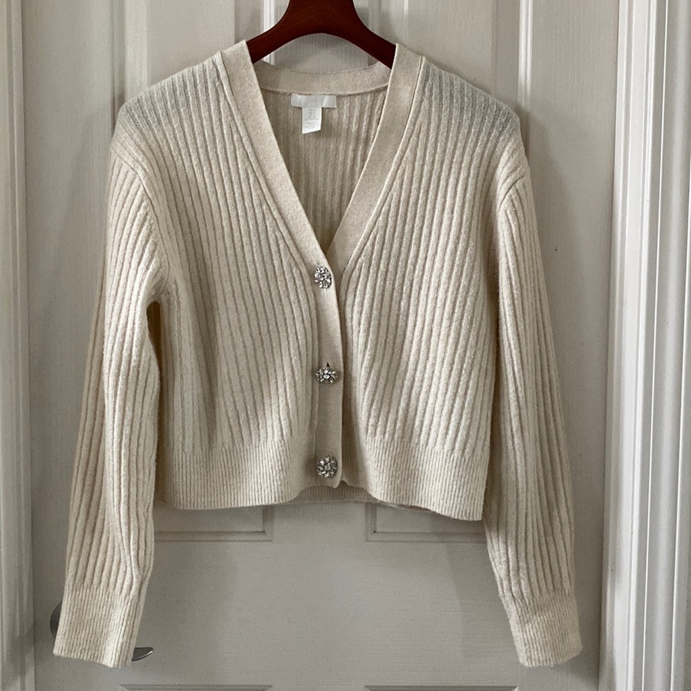H&M cream, rhinestone-button knit cardigan